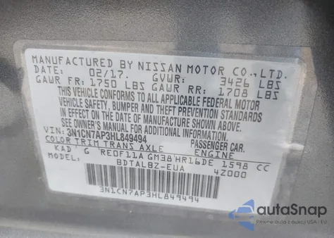 2017 Nissan Versa 1.6 Sv из США, поврежденный, VIN 3N1CN7AP3HL849494